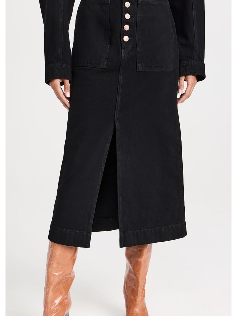 Ulla Johnson Bea Skirt Black Midi Denim Skirt with Front Slit